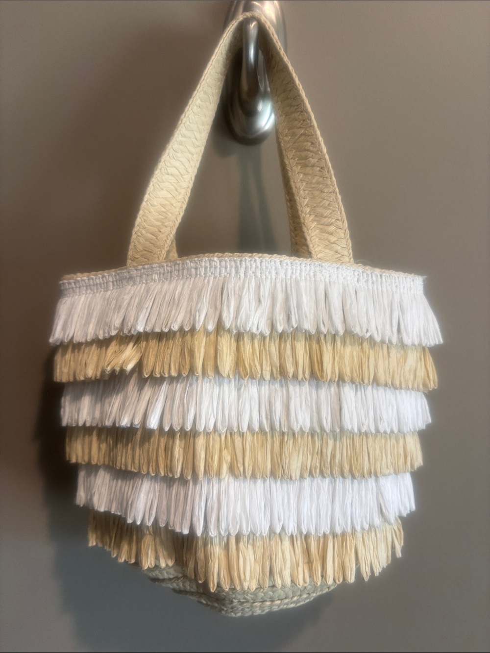 Fringed Straw Tote Bag in White and Beige